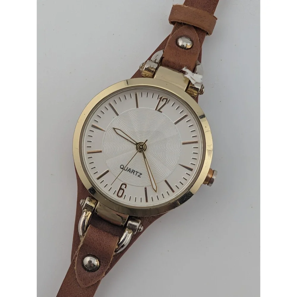 Ladies Quartz Watch 30mm Gold Case Brown Faux Leather Bund Strap- New Battery